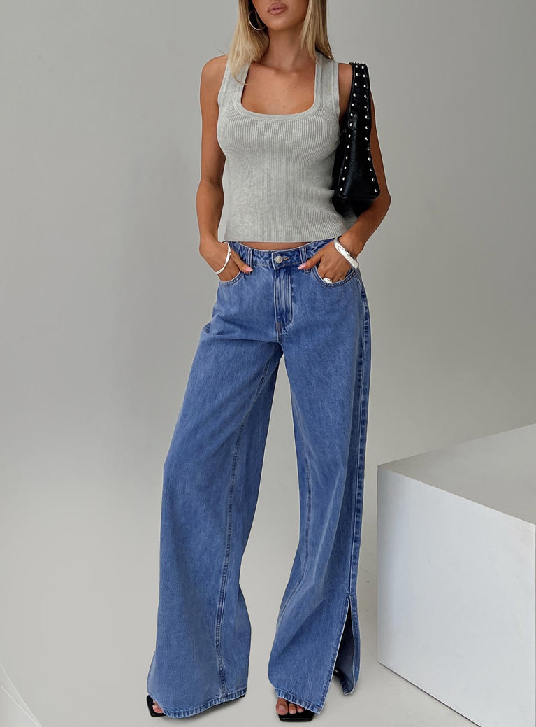 front view of model wearing Princess Polly Lorinzo Low Rise Jeans Electric Blue Mid Rise 