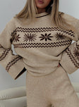 back view of model wearing Princess Polly Anok Graphic Sweater Cream / Brown Long 