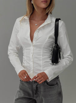 front view of model wearing Princess Polly Stand Up Guy Long Sleeved Ruched Detail Top White Full Sleeves V-Neck 