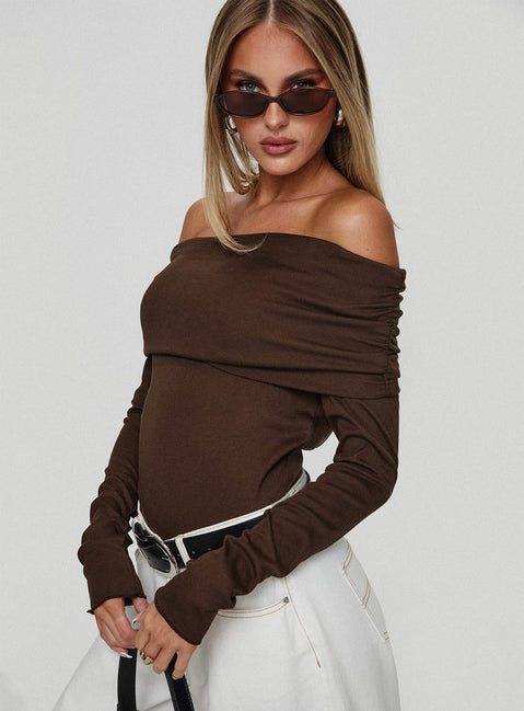 side view of model wearing Princess Polly Spoilt Off The Shoulder Bodysuit Brown Long Sleeve Tops 