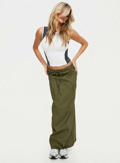back view of model wearing Princess Polly My Girl Maxi Skirt Olive Maxi 