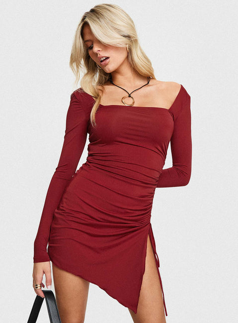 side view of model wearing Princess Polly Caprani Long Sleeve Mini Dress Burgundy Square Neck 