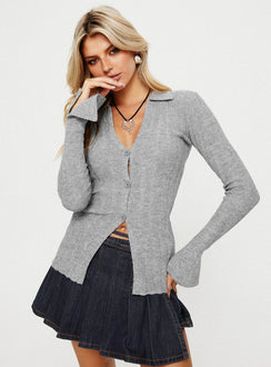 front view of model wearing Princess Polly Beryl Long Sleeve Top Slate Grey Full Sleeves Plunger 