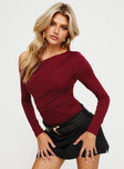 side view of model wearing Princess Polly Donner Long Sleeve Bodysuit Burgundy Full Sleeves Asymmetric Neckline 