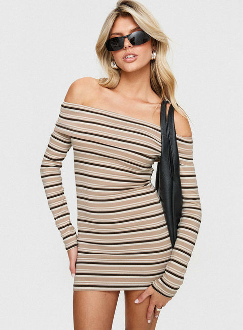 front view of model wearing Princess Polly Anouk Long Sleeve Mini Dress Multi Straight Neck 