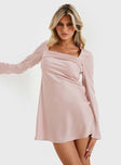 front view of model wearing Princess Polly Phillipa Long Sleeve Mini Dress Pink Square Neck 