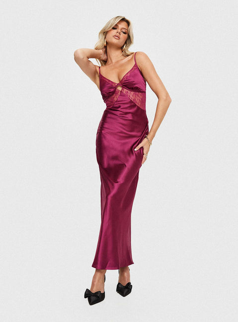 side view of model wearing Princess Polly Birchwood Maxi Dress Wine Plunger 