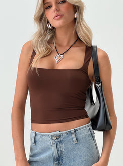 back view of model wearing Princess Polly Back In Time Top Brown Sleeveless Square Neck 