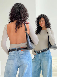 back view of model wearing Princess Polly Gatewood Long Sleeve Bodysuit Grey Full Sleeves 