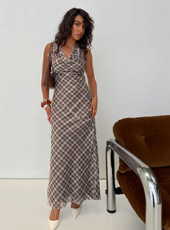 Veida Cowl Neck Maxi Dress Brown Check