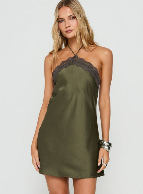 Zinniah Arrowneck Satin Mini Dress Khaki