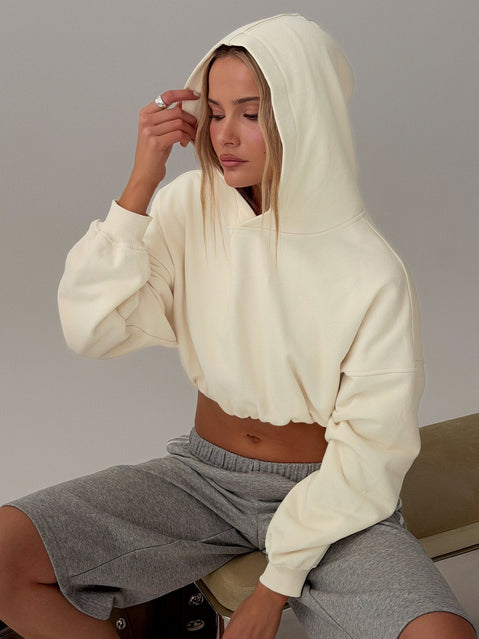 Mayse Bubble Hem Cropped Hoodie Cream