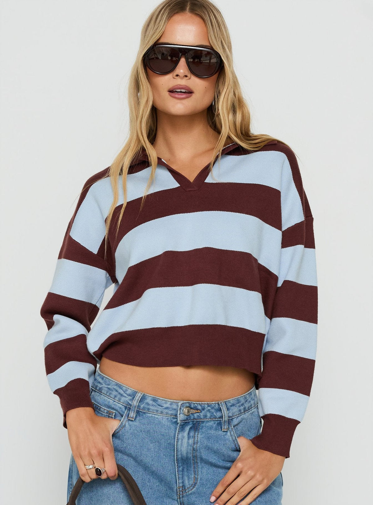 Novara Strick Cropped Rugby Jersey Blau / Burgunderfarbene Streifen
