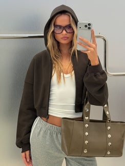 Featuring the Zellah Double Ended Zipper Hoodie Iron Grey womens-jumpers with oversized fit and short length front view of model wearing Princess Polly