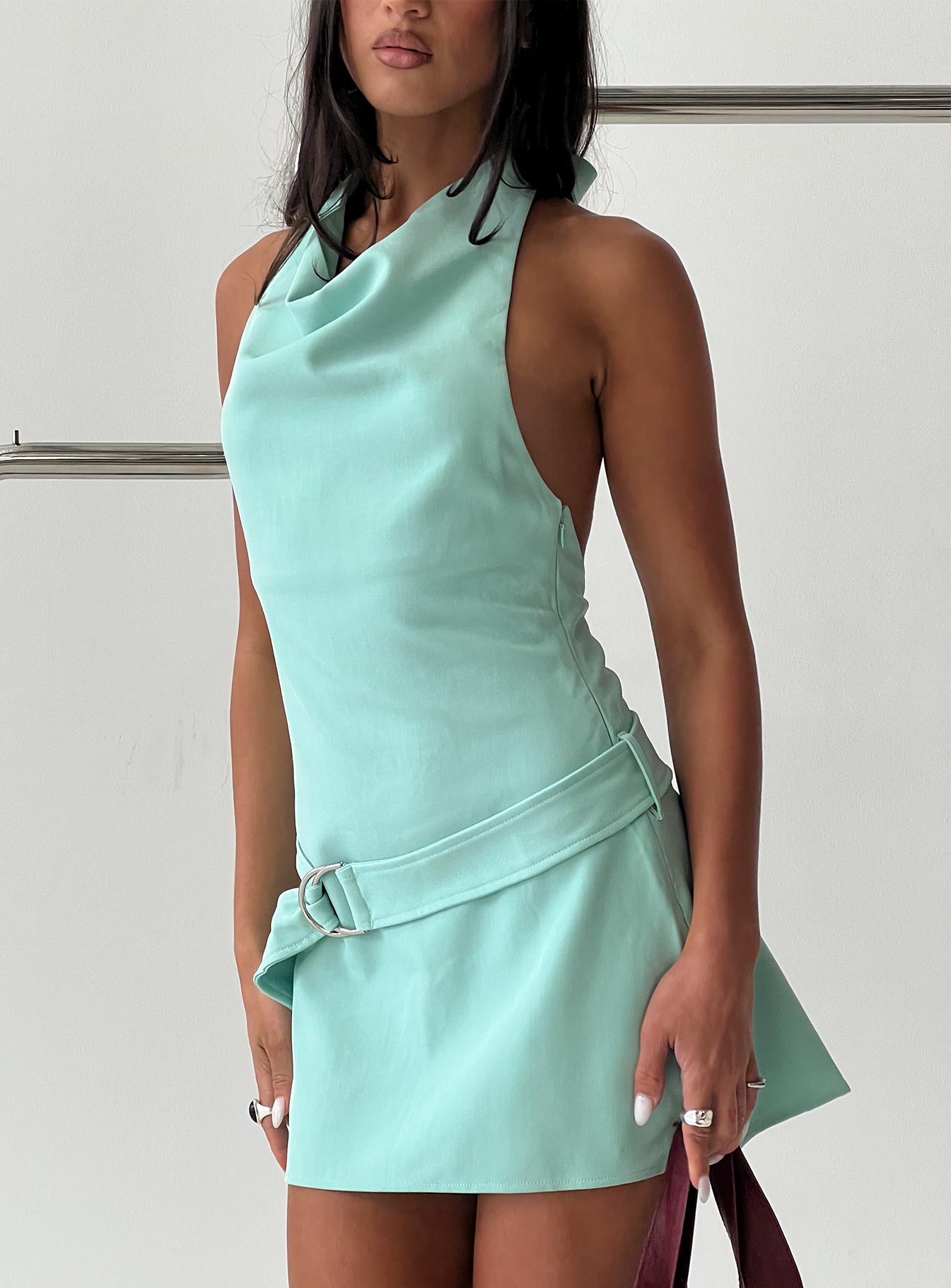 Luena Cowl Neck Belted Mini Dress Mint