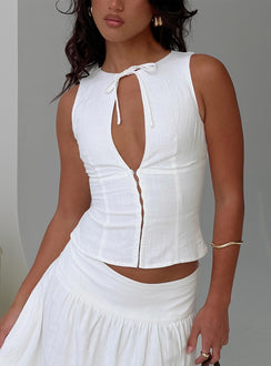 front view of model wearing Princess Polly Alissea Keyhole Linen Blend Top White Sleeveless Crew Neck 