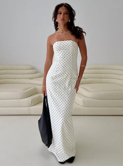 front view of model wearing Princess Polly Dovie Linen Blend Strapless Midi Dress Cream Polka Straight Neck 