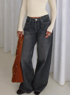 side view of model wearing Princess Polly Naylor Wide Leg Jeans Grey Wash Low Rise Jeans 
