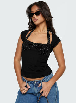 front view of model wearing Princess Polly Emberglow Top Black / Polka Short Sleeves Square Neck 