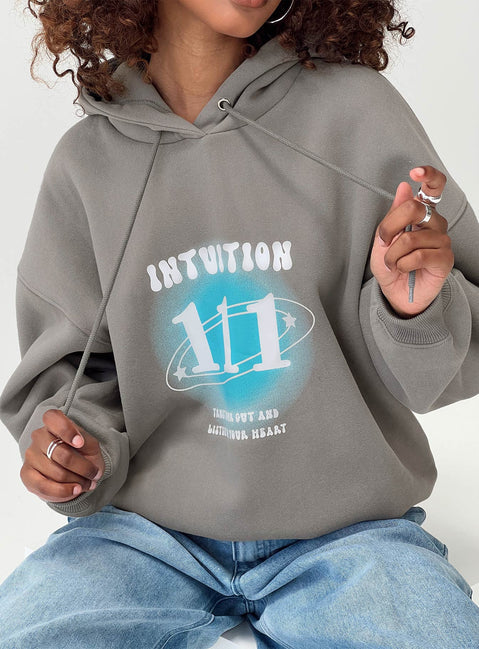 front view of model wearing Princess Polly Intuition Hooded Sweatshirt Bubble Text Charcoal regular 