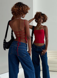 back view of model wearing Princess Polly Elissa Top Red Sleeveless Square Neck 