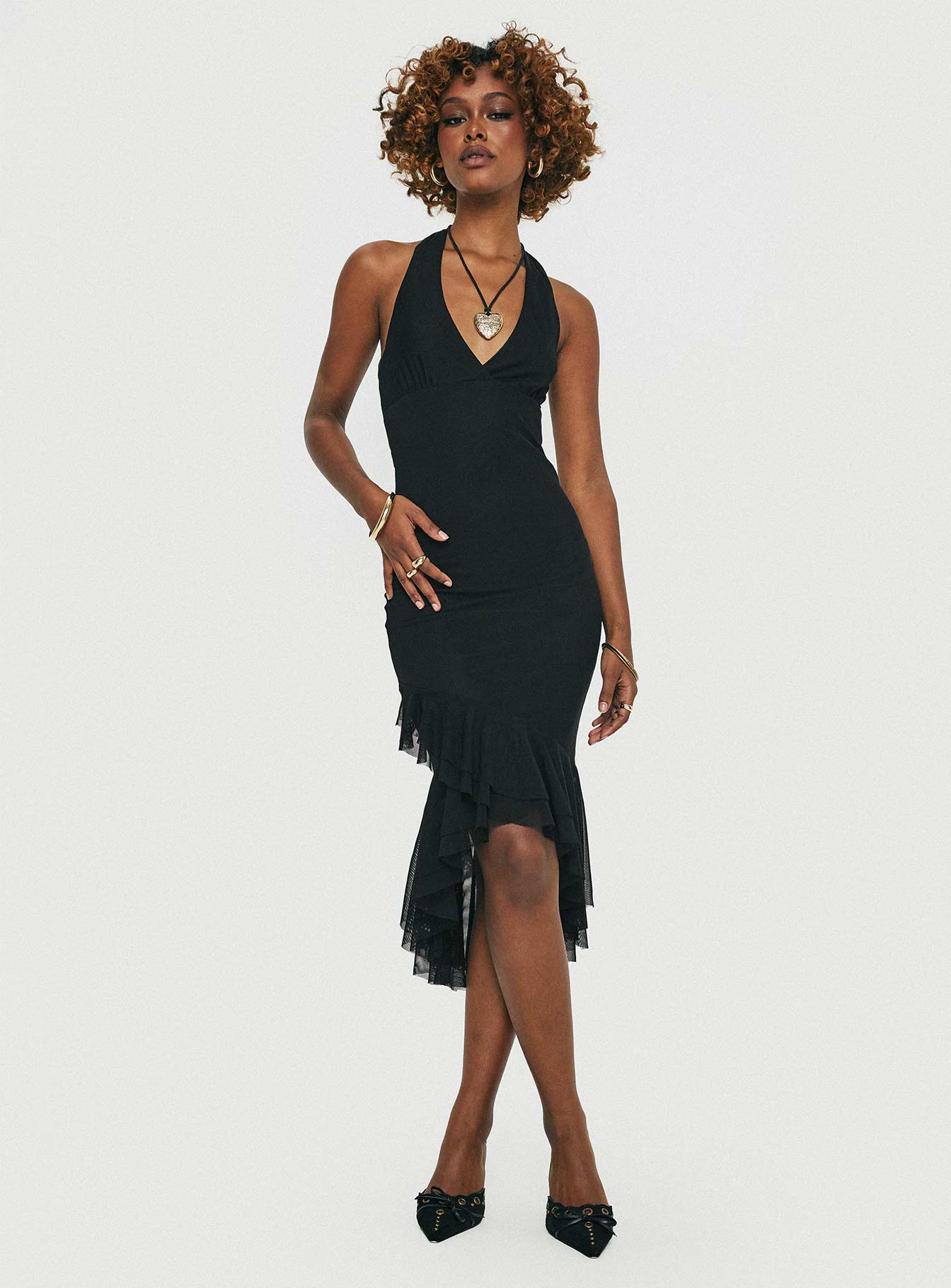 Black midi ruffle dress hotsell