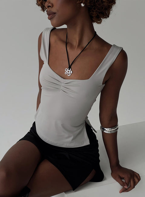 side view of model wearing Princess Polly Rehna Top Grey Sleeveless V-Neck 