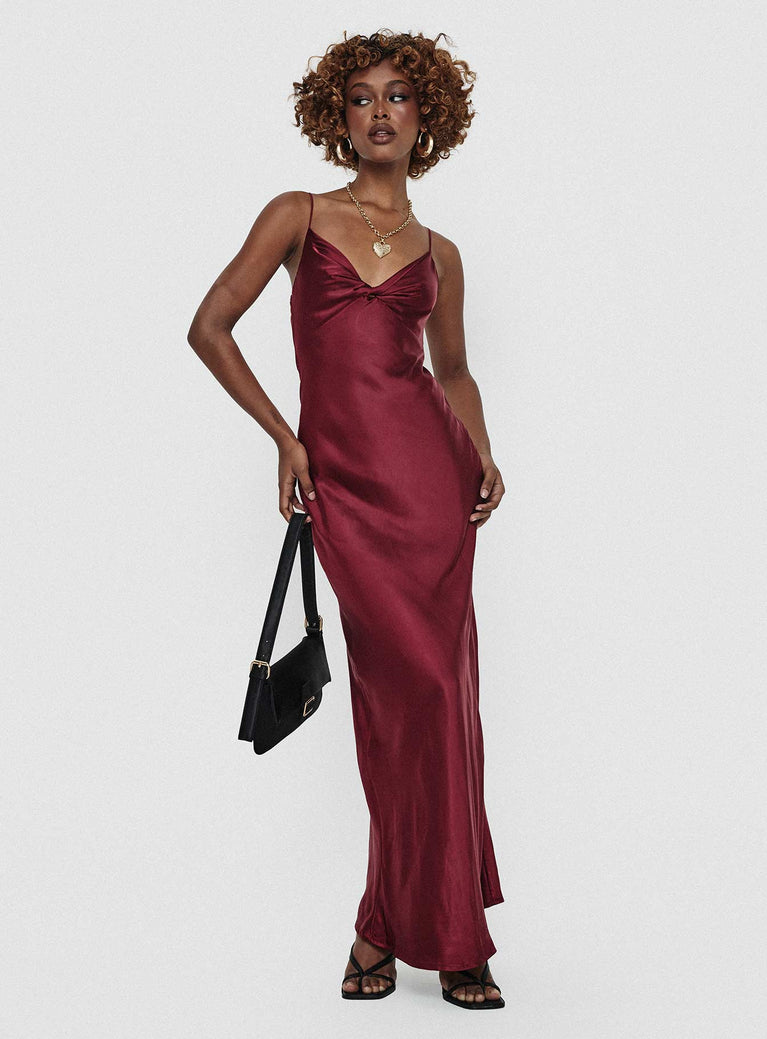 Satin maxi dress Elasticated shoulder straps, v-neckline, twist detail at bust, invisible zip fastening at side Non-stretch material, fully lined  Princess Polly Lower Impact