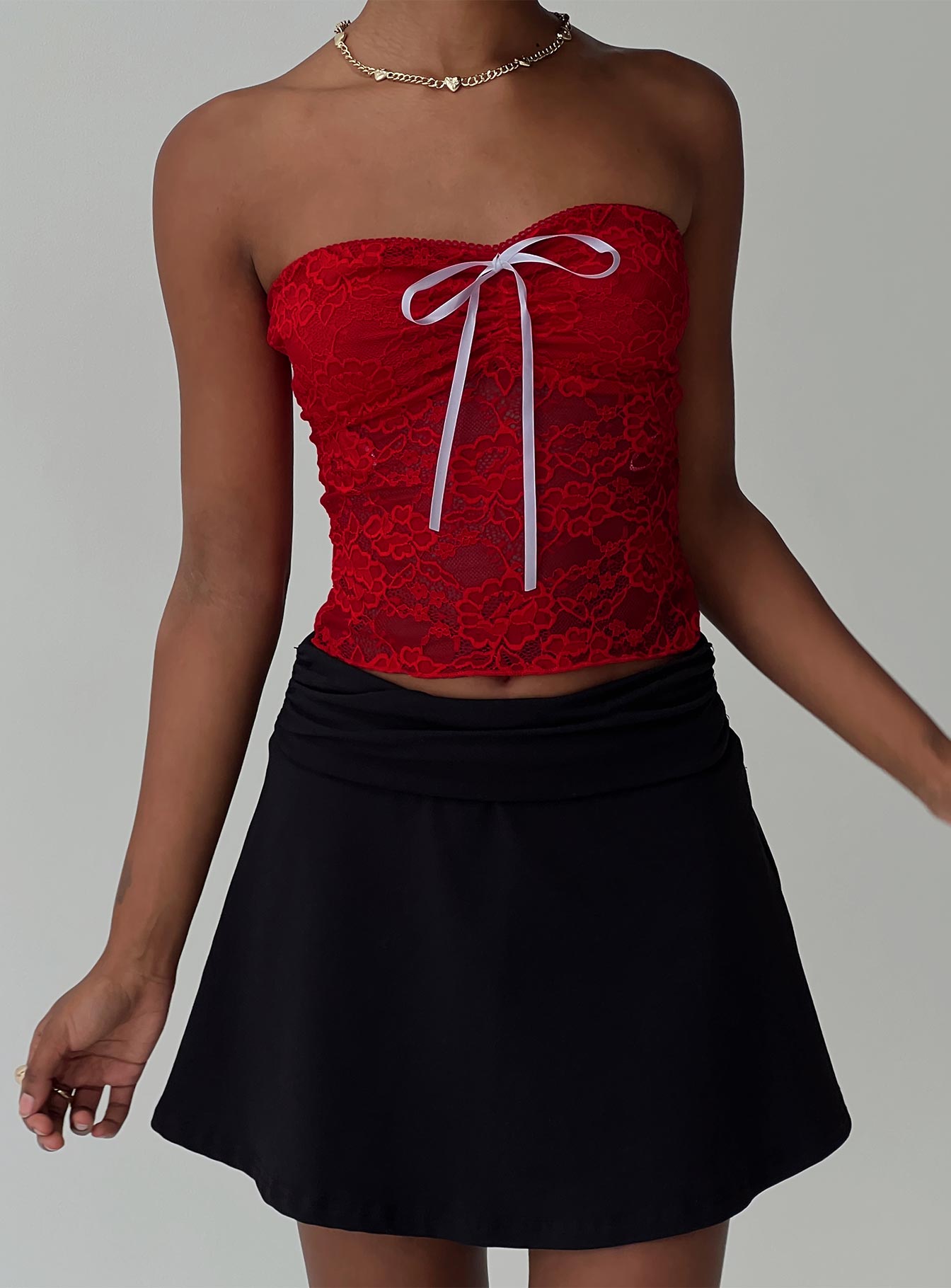 front view of model wearing Princess Polly Winnick Strapless Lace Top Red Sleeveless Sweetheart 