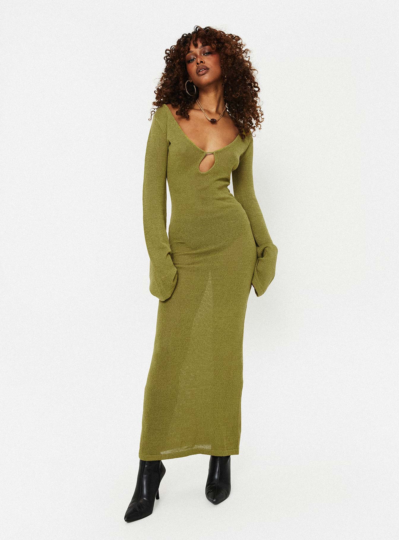 Olive green long store sleeve maxi dress