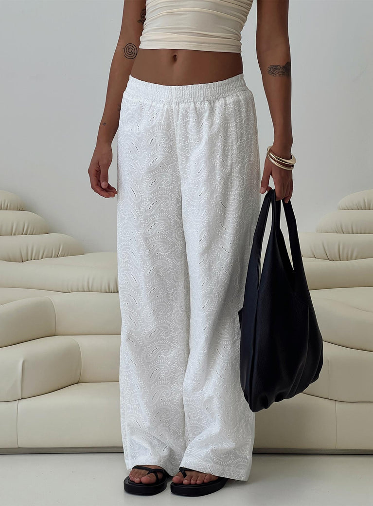 Broderie anglaise pants Elasticated waistband, twin back pockets, straight leg Non-stretch material, fully lined 
