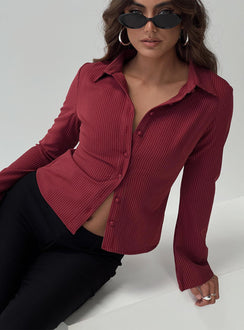 side view of model wearing Princess Polly Anni Pinstripe Shirt Red Full Sleeves V-Neck 