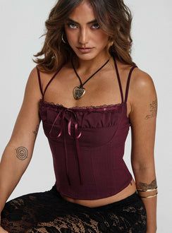 front view of model wearing Princess Polly Trynia Top Burgundy Sleeveless Square Neck 