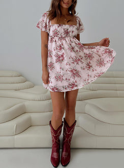 front view of model wearing Princess Polly Let's Dance Mini Dress Cream Floral Square Neck 