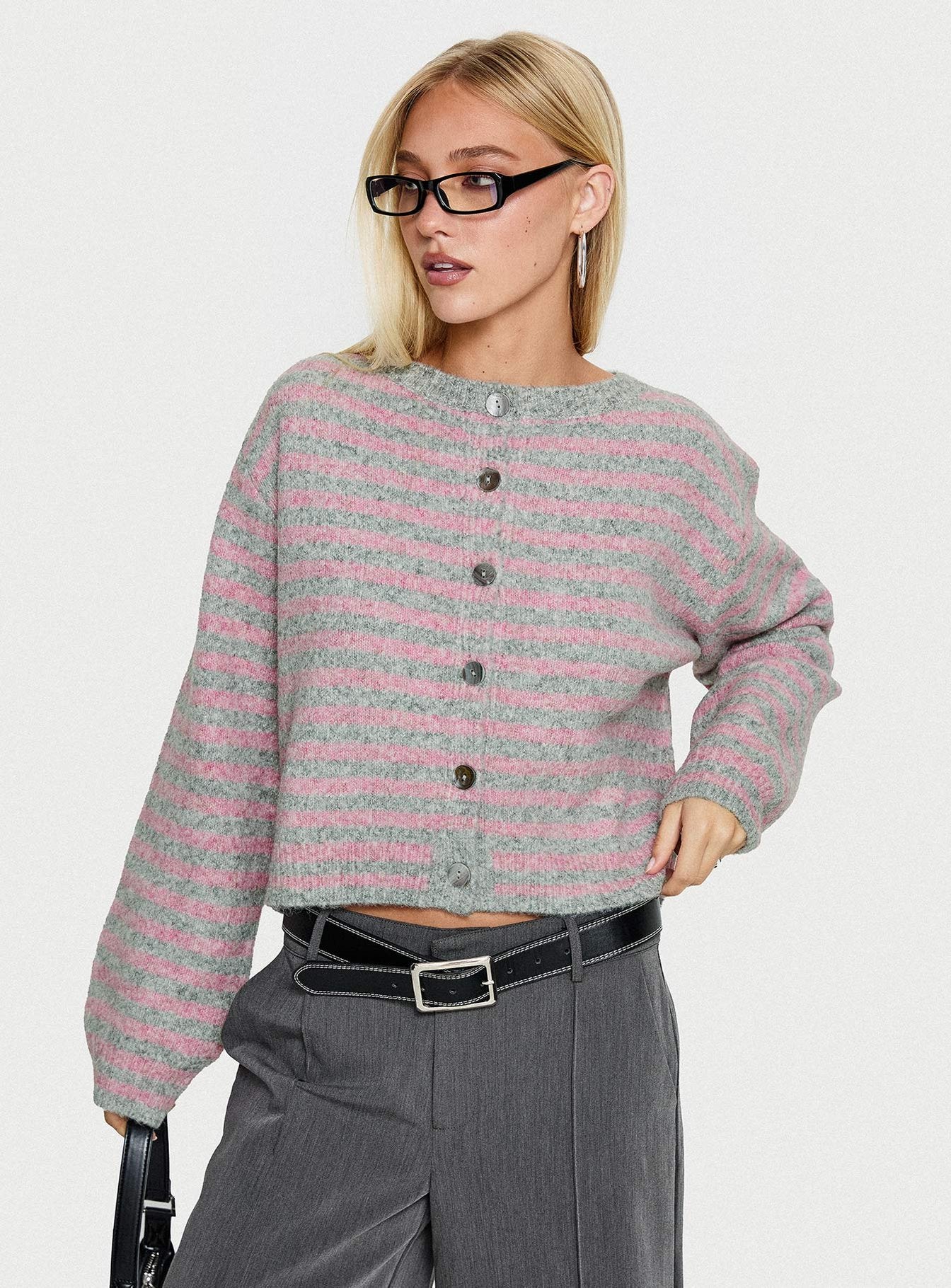 front view of model wearing Princess Polly Raynna Button Up Cardigan Pink / Grey Stripe Cropped Jumpers 