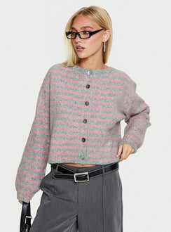 front view of model wearing Princess Polly Raynna Button Up Cardigan Pink / Grey Stripe Cropped Jumpers 