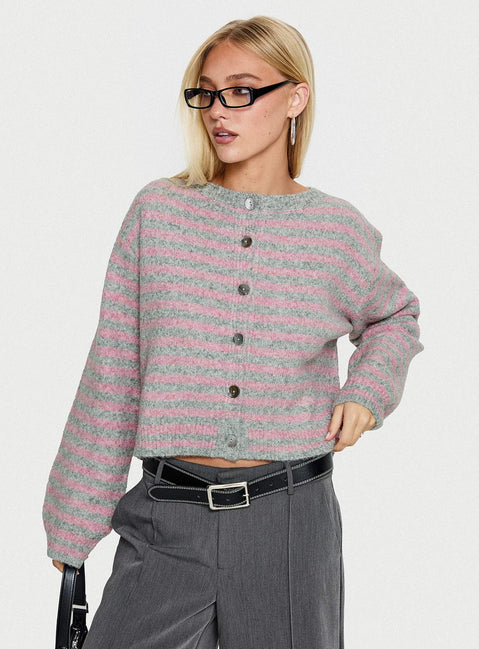 front view of model wearing Princess Polly Raynna Button Up Cardigan Pink / Grey Stripe Cropped Jumpers 