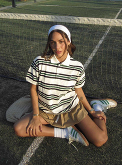 front view of model wearing Princess Polly Leisure Polo Ivory Moss Short Sleeves High Neck 