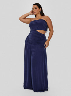 side view of model wearing Princess Polly Grandeur Strapless Maxi Dress Navy Curve Straight Neck 