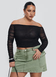 front view of model wearing Princess Polly Hartford Off The Shoulder Top Black Curve Full Sleeves straight 