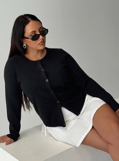 front view of model wearing Princess Polly Lauraine Cardigan Black Curve 