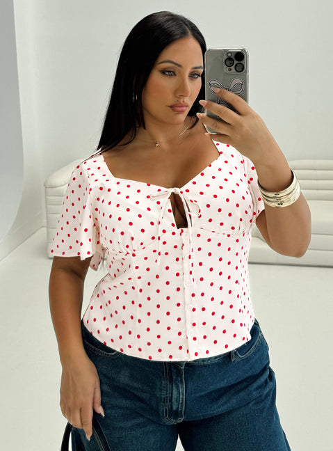 front view of model wearing Princess Polly Adrienna Flutter Blouse White / Red Curve Short Sleeves V-Neck 