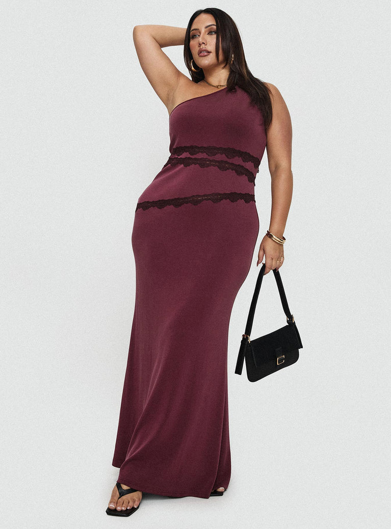 front view of model wearing Princess Polly Ultraviolet One Shoulder Lace Maxi Dress Wine Curve Asymmetric Neckline 