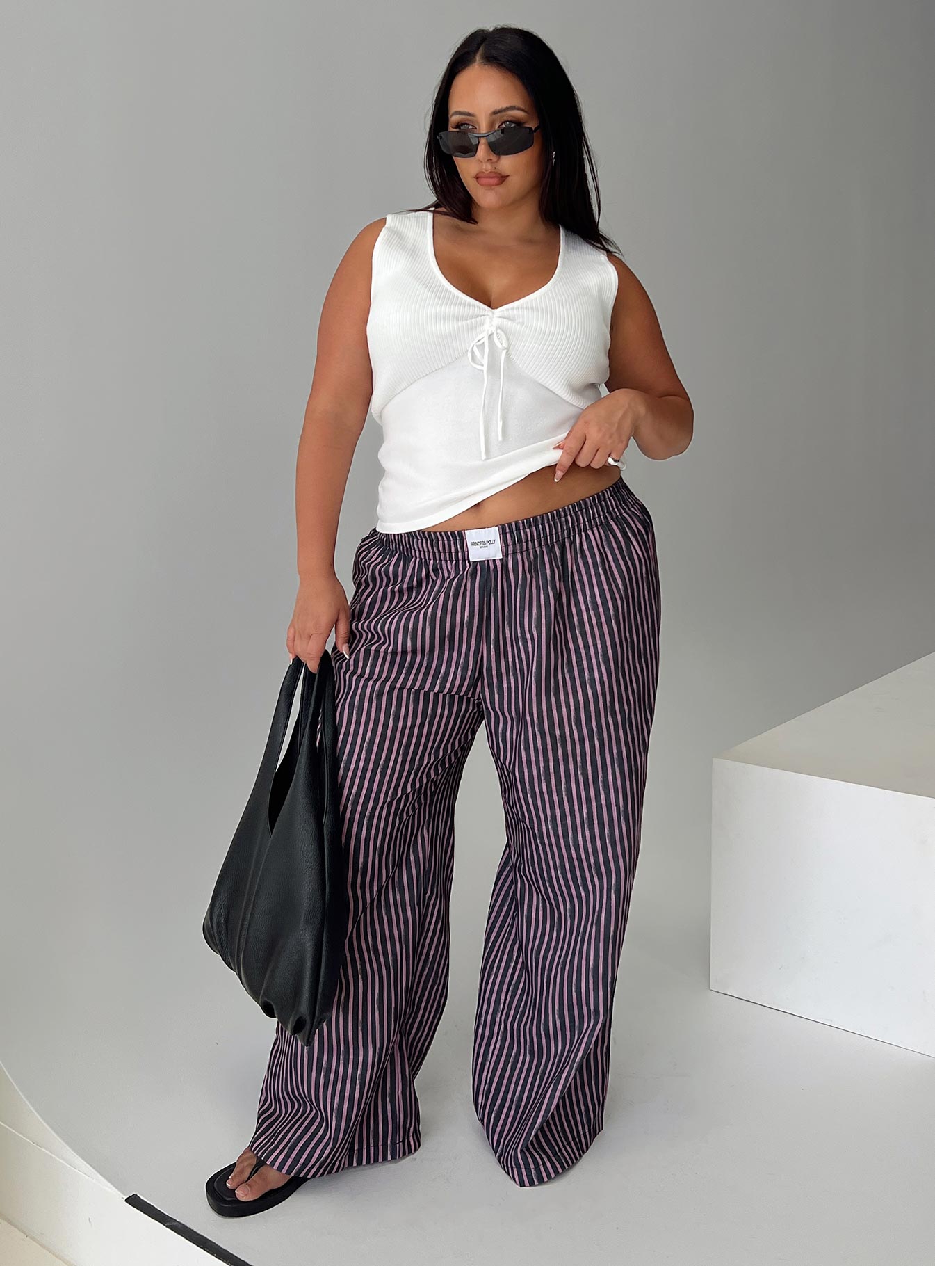 front view of model wearing Princess Polly Beach House Pants Multi Curve High Waisted Pants 