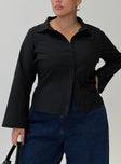 front view of model wearing Princess Polly Anni Pinstripe Shirt Black Curve Full Sleeves High Neck 