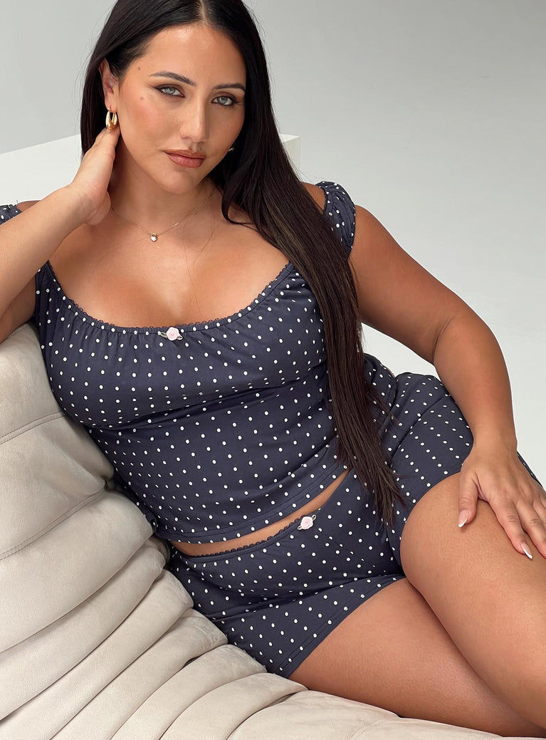 Drift Away Off The Shoulder Sleep Set Navy Dot Curve