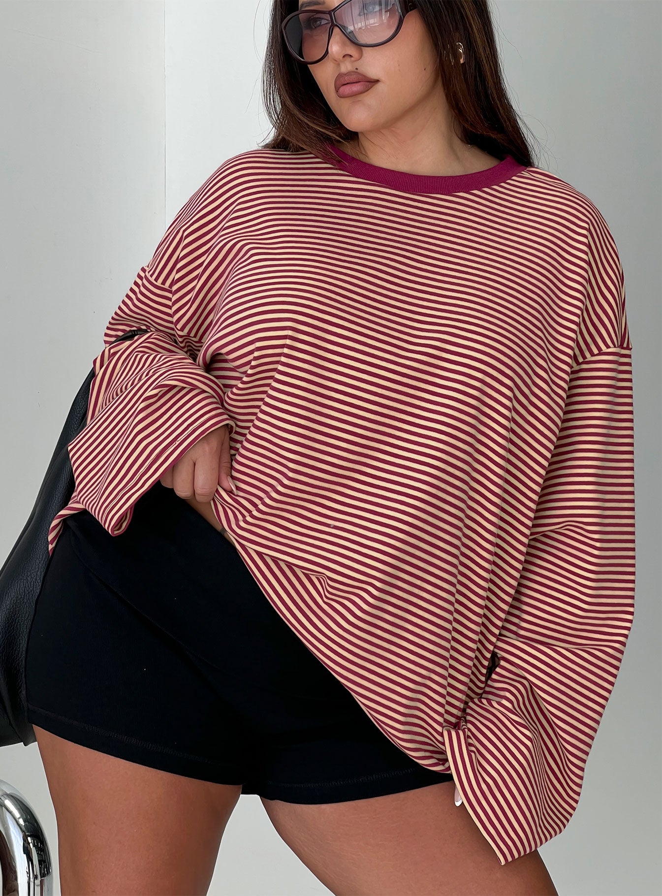 Settle Down Long Sleeve Top Lemon / Burgundy Stripe Curve