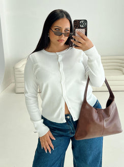 front view of model wearing Princess Polly Lauraine Cardigan White Curve regular 