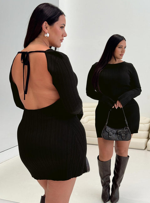back view of model wearing Princess Polly Mayok Long Sleeve Mini Dress Black Curve Crew Neck 