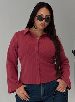 front view of model wearing Princess Polly Anni Pinstripe Shirt Red Curve Full Sleeves V-Neck 